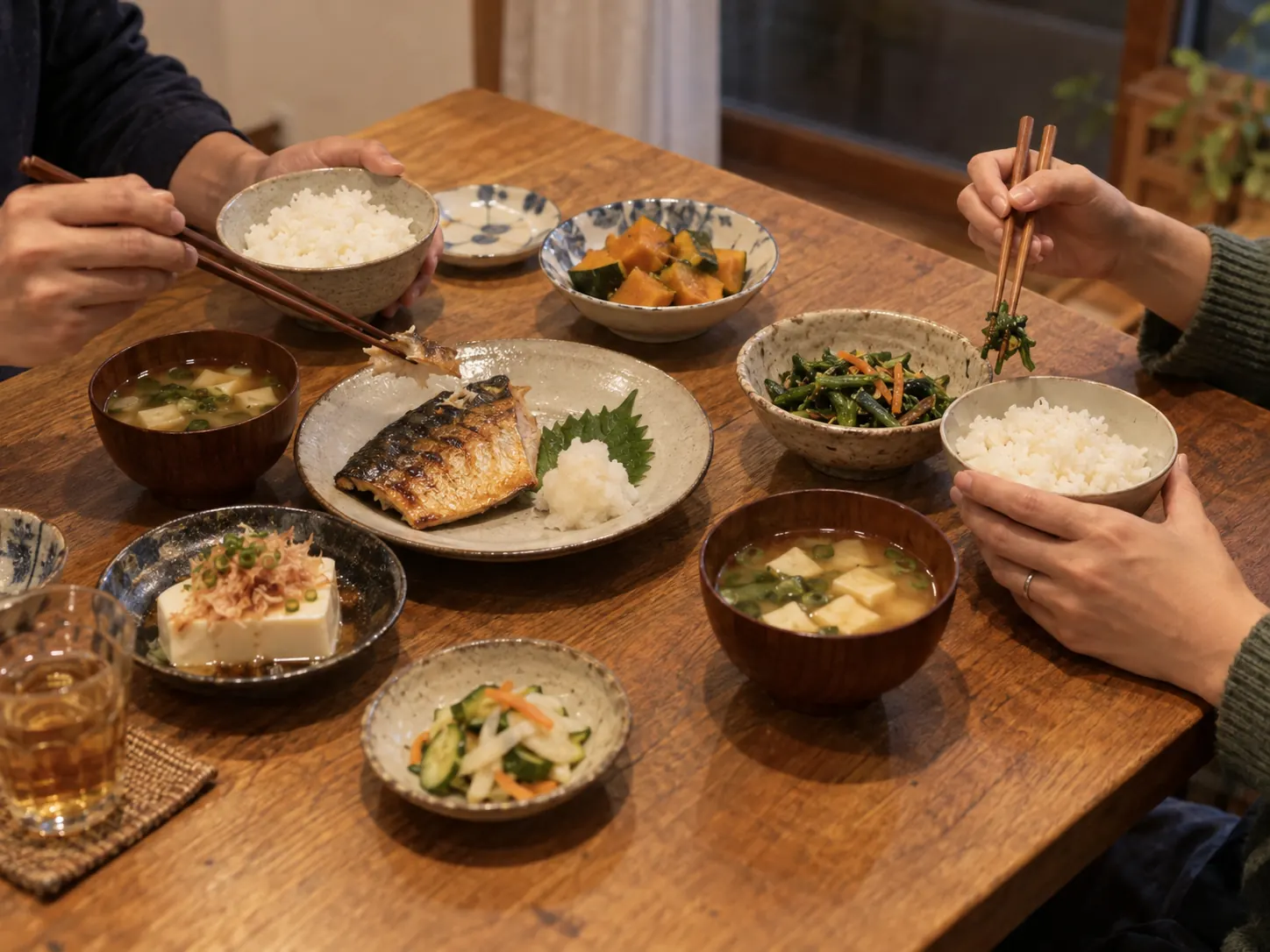 焼き魚とみそ汁が並ぶ夕食の食卓で、向かい合って箸を進める二人の手元。
