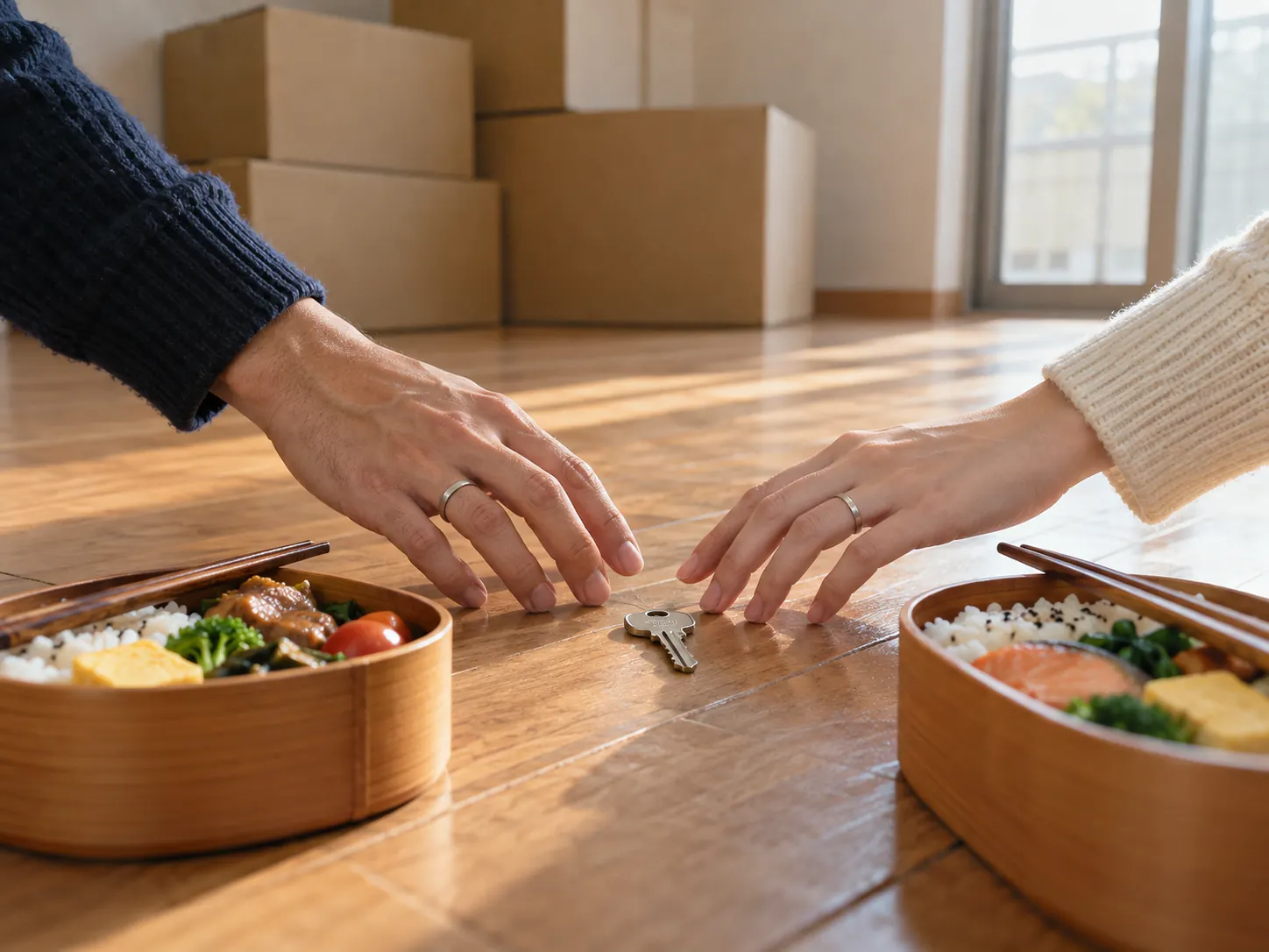 段ボールが積まれた新しい部屋の床。二つのお弁当のあいだに置かれた鍵へ、指輪をつけた二人の手が伸びている。