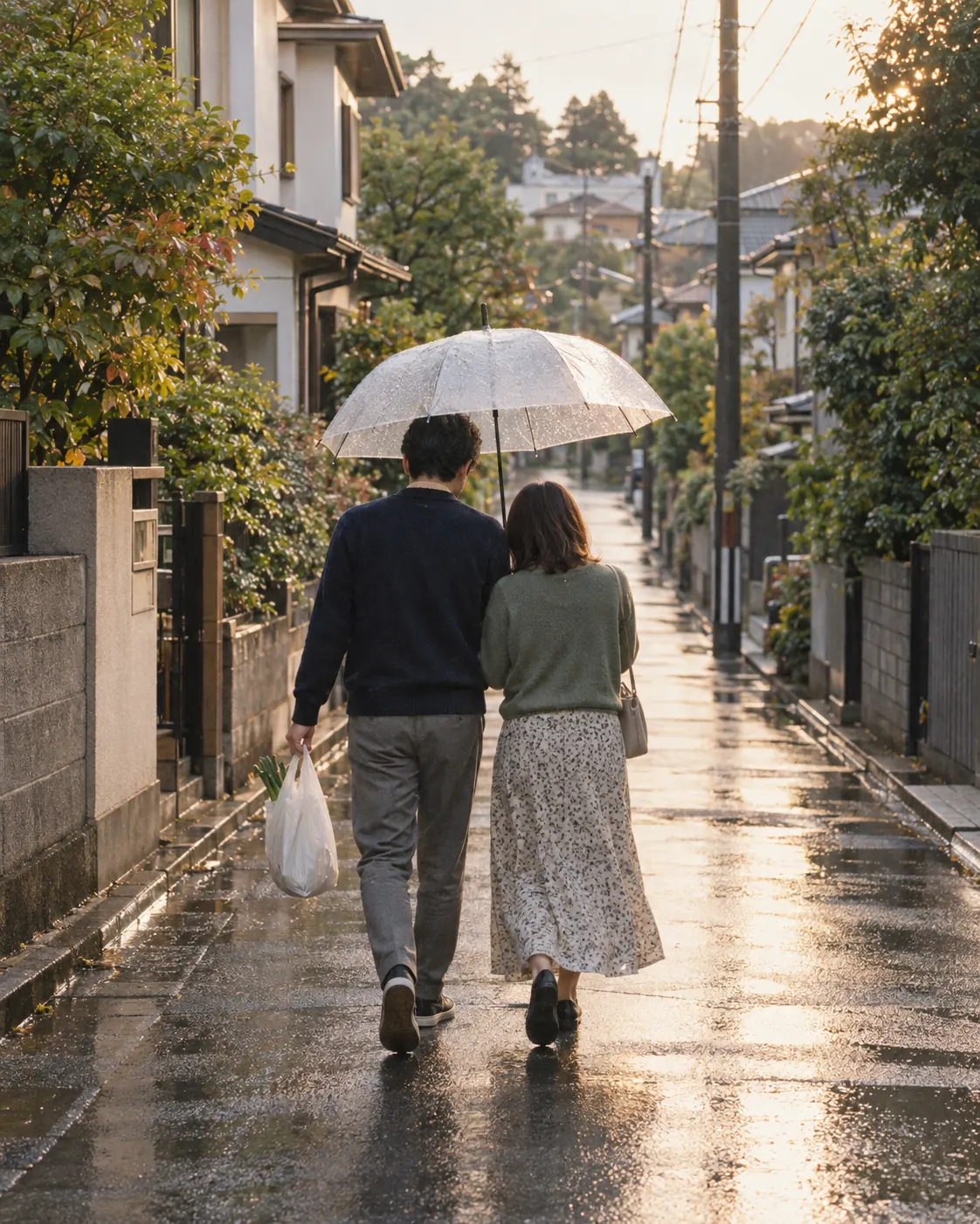 雨に濡れた住宅街の道を、一つの透明な傘に入って歩く二人の後ろ姿。片方が買い物袋を提げている。