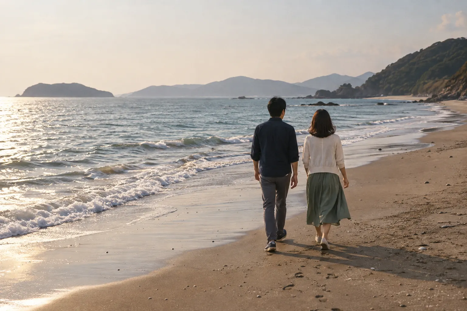 夕方の海辺を並んで歩く二人の後ろ姿。